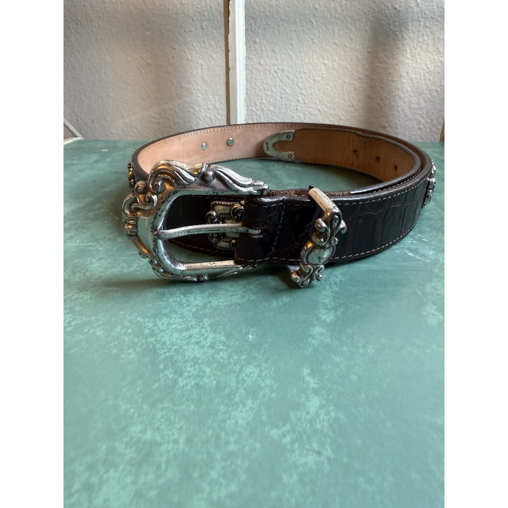 Brighton Belt Vintage 1993 Reddish Brown Moc Croc Silver Ornate Buckle M